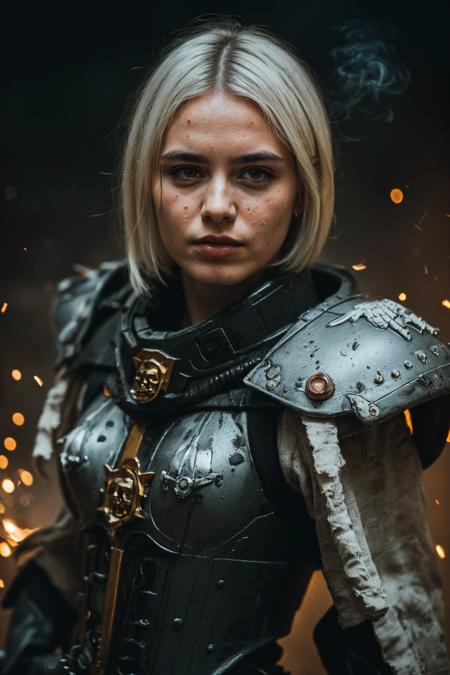 (masterpiece, best quality:1.1), photograph, Porta 160 color, shot on ARRI ALEXA 65, bokeh, depth of field, shot by Don McCullin, (blemishes, skin pores, textured skin:1.1), sharp focus, vibrant colors, PA7_Photo, PA7_Human-Likeness, volumetric lighting, <lora:detail_slider_v4:1>, <lora:FujiVelvia50:0.5>, <lora:GoodHands-beta2:0.8>,
solo, 1 girl, adult  woman, cute, purple eyes, (white hair:1.25), sleek hair hair,  stoic gaze,  <lora:edgWar40KAdeptaSororitas:0.85>, edgAdepta, wearing edgAdepta, power armor, shoulder armor, skull emblem, dented armor, battle-worn, grimy, dirty, 
(epic, cinematic:1.1), grim dark, battlefield in background,  sparks, smoke rising, particle effects,  darkness, night,   <lora:epi_noiseoffset2:0.6>,