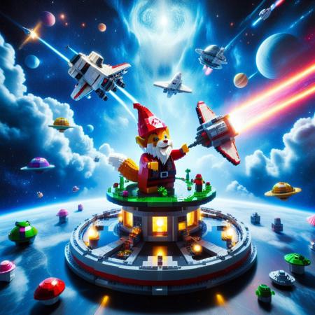 Whimsical Cartoon into Real Photo Backgrounds, Pixel Art, PixArFK, made of legos, 
score_9, score_8_up, score_7_up, score_6_up, score_5_up, score_4_up, masterpiece best quality, excellent countershading, detailed lighting, depth of field, dynamic angle, close up, oil painting BREAK a whimsical gnome riding a Shiba Inu flying saucer with its mouth open charging a laser beam, funny, realistic, photograph, shiny, rabbit, bear, frog, BREAK star cluster,space stars,clouds,stars,nebula,space art, deep space, cyberpunk space station, sci-fi space station, outer space, stars, planets, nebula, galaxies, the Milky Way, space station, massive space station, space shuttle, PixArFK