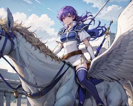 <lora:junoV2:0.7>,juno,<lora:riding_pegasus:1>,riding_pegasus, zettai ryouiki, thigh boots, shoulder armor, breastplate, belt, elbow gloves, short dress, pauldrons, blue cape, white footwear,looking at viewer, short sleeves, shoulder pads, scabbard, skirt, circlet, white thighhighs, jewelry,(masterpiece, best quality, ultra-detailed, best shadow)