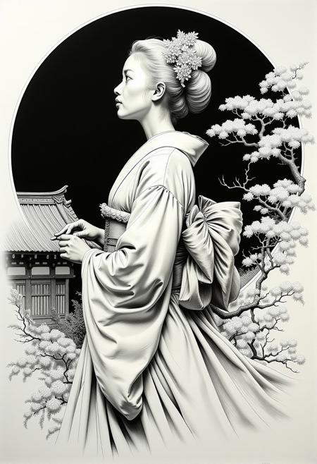 A highly detailed, intricate line-art illustration in the style of Steve McDonald. Detailed hyper realism in the visible body parts (face, hands, legs).
full shot of a real japanese beautiful albino geisha, standing pose, oil painting Rembrandt style, black background, hard brush stroke style, wearin white long skirt
, acrylic painting in style Adam Hughes. extremely white background
The composition features mesmerizing line work, fine architectural detailing in the background, and a play of light and shadow through intricate hatching. The overall aesthetic is serene, introspective, and dreamlike, blending realism with a highly structured, almost meditative pattern-based design.