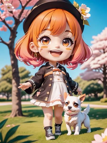 (masterpiece),(best quality),(ultra-detailed),(full body:1.2),
ania,chibi,cute,smile,open mouth,
flower,outdoors,((playing with a cute dog)),black  beret,sundress,blush,tree,:3,shirt,short hair,cherry blossoms,orange headwear,blurry,brown hair,blush stickers,long sleeves,bangs,pink hair,(yellow flower),
(beautiful detailed face),(beautiful detailed eyes),solo,genshin impact,Demon wings,
<lora:chibi:0.8>,