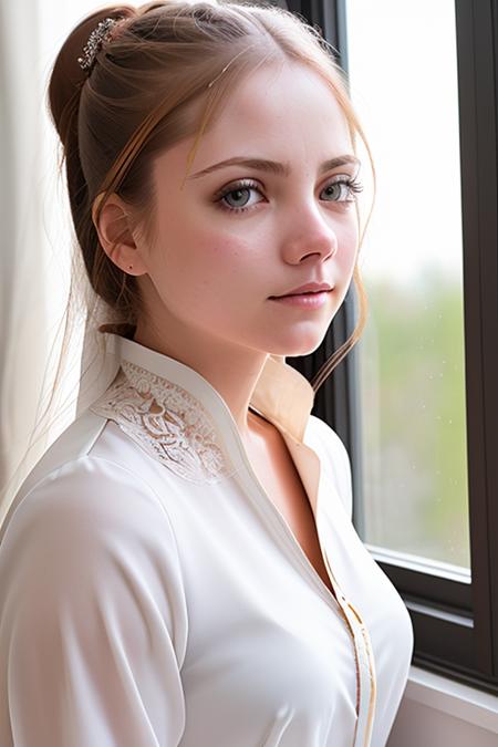 a photo of AM009_Camomile_v2,
30 years old woman, (long-sleeve high neck dress:1.2),
standing near the window, flowers on the windowsill, <lora:Lit:0.2>
soft light, golden hour, shoulder shot, (close up:1.5), 
4k textures, natural skin texture, skin pores, intricate, highly detailed, sharp focus, insane details, intricate details, hyperdetailed, hyperrealistic