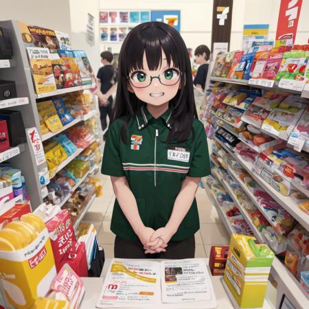 masterpiece, best quality, ultra-detailed, illustration,
7elevenU, employee uniform, uniform, jacket, own hands together, 1girl, glasses, pants, looking at viewer, smile, green jacket, black hair, standing, short sleeves, shirt, name tag, long hair, grin, indoors, teeth, id card, 
7eleven, scenery, indoors, box, 
 <lora:7eleven_scenery_SD15_V1:1>