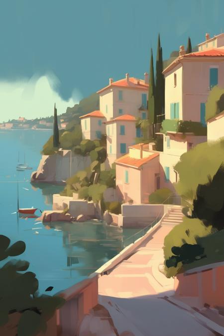 <lora:Atey Ghailan style:1>Atey Ghailan style - A Lovely Riviera Landscape, in Atey Ghailan and Joelle Jones style.