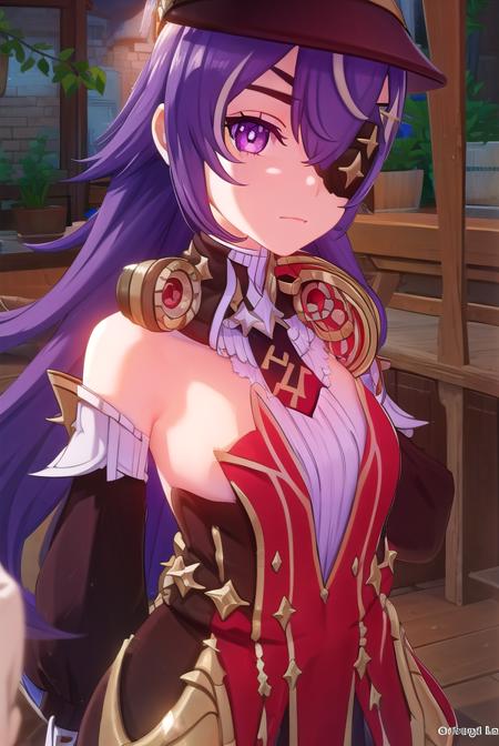 chevreuse, long hair, bangs, hair between eyes, (purple eyes:1.1), purple hair, (eyepatch:1.5), gloves, hat, dress, bare shoulders, detached sleeves,