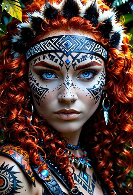 (fantasy art:1.3), (watercolor painting:1.3), (Extreme close-up portrait:1.3), fierce tribal huntress with vibrant fiery red curly hair, intricate geometric primal tattoos symmetrically covering her skin, striking blue eyes, (prominent scar across eyebrow and eye:1.2), leather headband on forehead. Dressed in revealing fur clothing, peering intensely through dense jungle foliage at night. Dramatic chiaroscuro lighting, moonlight casting sharp shadows, atmospheric, hyperdetailed skin, sharp focus, primal aesthetic, (wild, untamed look:1.1), depth of field,