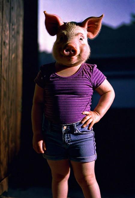photograph, Light and shadow plays, Embarrassing, Fujifilm XT3, Dark and Gritty, dynamic, side lit, Cinematic, Canon EF, Cinestill 50, film grain, Cold Lighting, Ilford FP4 125, Kodak Ektachrome E100, Zoom lens, (a pig:1.2) , it is Handsome and Tropical, wearing deep purple Jean shorts with pinstripe adornments, Nikon d850, 35mm, Beautifully Lit, Accent lighting, Hasselblad