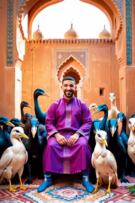 creative pose, vibrant colors, Moroccan style background, portrait,close up of a (Drake:1.2) surrounded by a group of animals, at Dawn, Ambient lighting, <lora:Hassan_Hjjaj_Style:0.8> the hassan hjjaj style