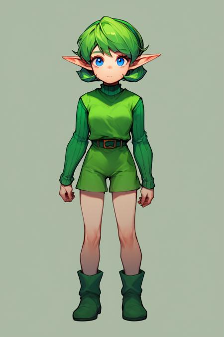 ootsariapdxl green hair, short hair, blue eyes, pointy ears,  green hairband, green sweater, ribbed sweater, green tunic, belt, green boots