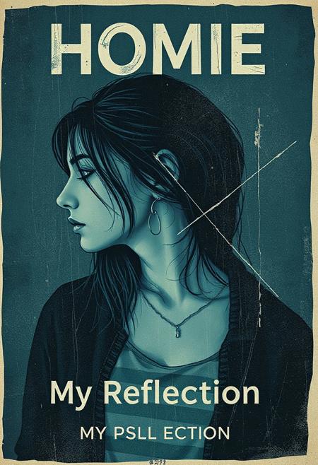 high quality design aesthetics, blues rock, grunge, dynamic, detailed, alternative indie blues rock pop album cover, melancholic, young white woman, melancholic, artist name "Homie", album title "My Reflection"