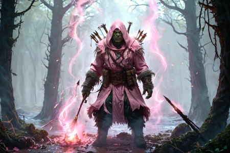 bioluminescent, an orc trapper with green skin, wearing a fur cloak, setting a trap with rope, solo, from the Bonebreaker Clan, with bone armor and heavy weapons, a dark forest with twisted trees, foggy air, scattered leaves, detailed background, training a recruit, demonstrating a strike, fierce, eyes narrowed, dynamic angle, wide shot, a fishing contest with orcs spearing fish, river splashing, crowds cheering, a bundle of arrows, nearby, on a tent floor, leather surface, windy, gusts blowing, leaves swirling, clouds racing, dawn, soft pink and orange hues, early light, fresh air, best quality, vibrant colors, photorealistic style, high detail, high-definition, hyper-realistic, extremely high-resolution details, fine texture, incredibly lifelike, realistic, not cartoon, not drawing, highres, 4K resolution, source photo, realistic photo, masterpiece, best quality, amazing quality, very aesthetic, ultra-detailed, detailed textures, natural lighting, soft lighting, desert tan tones, sandy beiges and yellows, moonlight, cool silver glow, three-quarter view shot, full body visible, <lora:Mystic_Lumina_r1-000007:0.9>