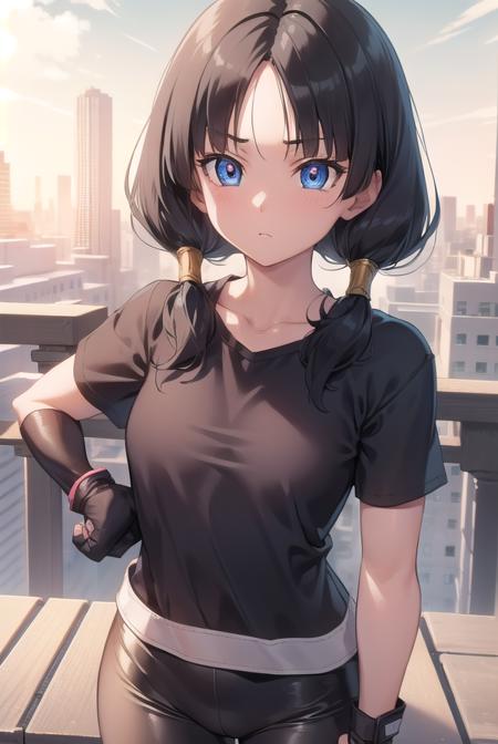 videl, black hair, blue eyes, eyelashes, (parted bangs:1.5), twintails, bike shorts, black gloves, black legwear, collarbone, fingerless gloves, gloves, shirt, short sleeves, white shirt,