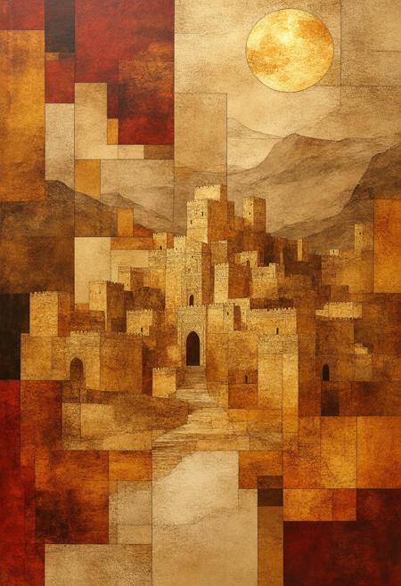 A Fractured Legacy: A legendary golden city, shimmering with untold riches and shrouded in ancient secrets, rendered as a Cubist stained-glass tapestry, deeply inspired by the intricate patterns of Kente cloth and the monumental architecture of Great Zimbabwe. Multiple perspectives â a sweeping vista showcasing the cityâs grandeur against a stylized desert landscape, a close-up revealing the delicate carvings and textures of the golden structures, and an abstract view emphasizing the interplay of light and shadow on the cityâs surface â converge in a visually arresting composition. The color palette is a striking contrast of deep blacks representing the shadows of ancient history, radiant golds symbolizing the cityâs opulence, fiery reds evoking the passion of its legends, and earthy browns reflecting the surrounding desert. Subtle photorealistic elements â the subtle texture of the golden surfaces, the faint glow emanating from the cityâs heart, the sense of vastness and mystery â seamlessly blend with the angular precision of Cubism. A soft, light-shaded glow emanates from within the stained-glass elements, illuminating the overlapping planes and creating an ethereal, otherworldly quality. The composition should convey a sense of wonder, mystery, and the enduring power of myth, viewed through a distinctly African-inspired geometric lens, depicting a lost civilization rediscovered.