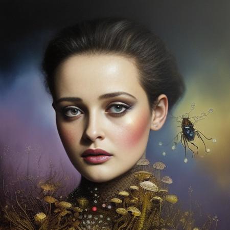 A painting of kthrineLngFrdWhy as a fairy with insects on her face with exquisite gold jewelry holding a bowl of mushrooms, an airbrush painting, by karol bak and giger, fantasy art, drawn in the style of mark arian and giger, blue holographic face, tends to have fractal structure, female android, closeup portrait of an artificer, expressive feminine face, femme on a galactic shore, trending on artstation yoann lossel