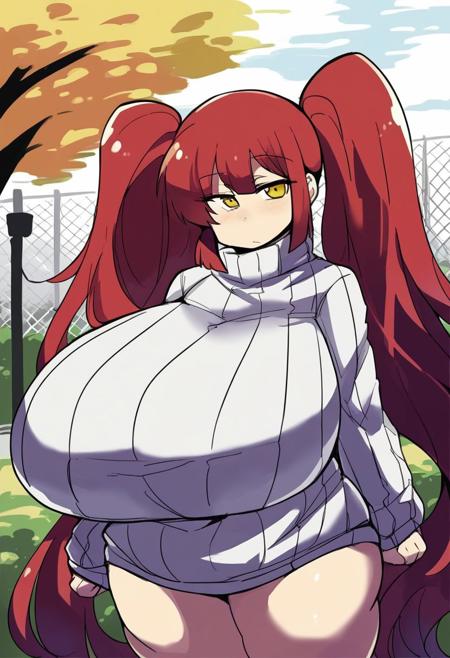 score_7_up, source_anime BREAK <lora:hinghoi-artist-richy-v1_pdxl:1> 1girl, solo, standing, red hair, twintails, very long hair, yellow eyes, looking at viewer, white sweater, turtleneck sweater, ribbed sweater, detailed background, gigantic breasts, chubby, plump, outside, park,