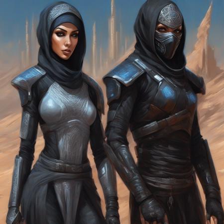 Clair-obscur, digital painting, oil painting, ((extremely detailed)), ((detailed portrait)), (isometric view), (bird's eye view), portrait of ((a man and a woman)), a female ninja "mass effect" fremen wearing luxurious silk and lace hijab and (("skyrim")) ((fremen)) sultan ninja iman sheikh man wearing (futuristic) (cyberpunk) white cyber-onesie and white saudi Gutra headdress, (((empty hands))), ((no weapons)), passing a fremen village in futuristic mos eisley arabic egyptian moroccan style, on the desert planet of arrakis, in the style of arcane and fernanda suarez pascal blanche and Hermann Stenner and simon stalenhag and Gustavé Doré and alex grey and alphonse mucha and nekro and josan gonzalez and dishonored and bioshock and simon stalenhag and rembrandt and Roger Ballen and Yousuf Karsh and HR Giger and Dariusz Zawadzki and John Jude Palencar and David Cronenberg and Liam Wong and Zdzislaw Beksinski and Luis Buñuel and Takashi Miike and David Lynch and Luis Royo and jakub rozalski and Ilya Kuvshinov and Wlop and Artgerm, trending on artstation, featured on pixiv, dynamic lighting, hyper detailed, octane render, 8k