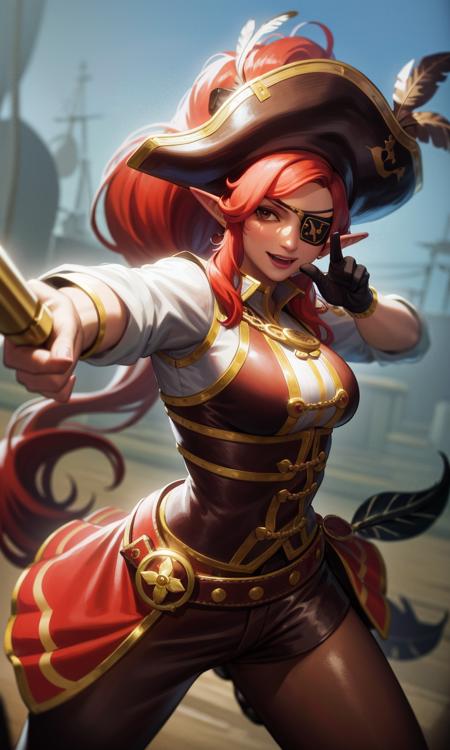 urbosa wearing a pirate  costume, leather bustier, white shirt, pirate hat with feather, action pose, flintlock pistol, eyepatch,  <lora:urbosa-128-4:0.9> art by Jan Van Eyck