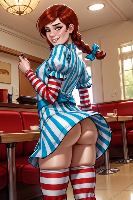 (masterpiece, best quality:1.2),intricate details,  (solo:1.2) <lora:LilandavastyleV2:1>lilandavastyle, 1girl, young adult female, ffwendys, lifting dress, self lift, visible ass, standing, smug, smirk, looking at viewer, twin braids, hair bow, striped dress, striped sleeves, puffy sleeves, striped thighhighs, indoors, restaurant <lora:fastfood_wendys:1>