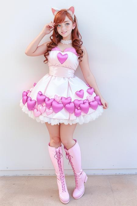 cut3h34rts, pink puffy hearts, pink dress, knee high pink boots, white cat ears