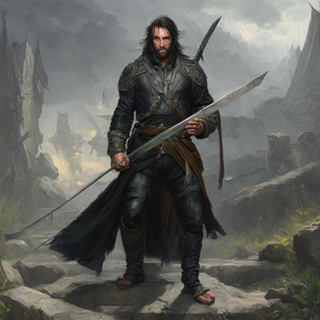 card-style digital painting, illustration of a man in a black outfit holding a sword and a sword in his hand while sitting on a stone wall, (high quality art:1.1), professional, 4k, (detailed sword:1.1), (realistic face), masterpiece