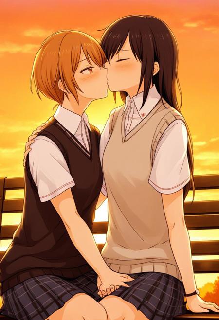 masterpiece, best quality,
 kd_vnstyle
 (2girls, multiple girls, )
 (looking at another, ) 
sitting on bench, outdoors, sunset, orange sky school uniform, white collared shirt, sweater vest, happy smile, 
(kiss, assertive female, ) blush, nervous, embarrassed, 
holding hands,  ((hand on shoulder)), 
(hand on another's head:1.2), yuri,