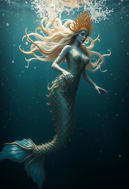 Mystical ethereal siren mermaid swimming deep in the oceans abys surrounded by elements of gold silver and (iridescent) colors. Beneath her are small diamonds and pearls captivating masterpiece whimsical depth