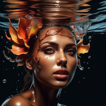 Ultra realistic color pencil  close up portrait of a stylish and beautiful woman with her head being hit by a splash of clear water..
BREAK
Deep dark intense brown  background, Dark theme, dynamic lighting, (soft shadows), (soft focus), (photo realistic), uhd, 8k