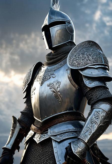 realistic, extremely high quality RAW photograph, intricate, Exquisite details and textures, highly detailed, ultra detailed photograph, 4k, high resolution, The image shows a central figure who appears to be a knight in ornate armor, holding a sword with the blade pointing downwards. The armor has intricate designs and the knight is standing against a background that features a cloudy sky and some indistinct structures that could be ruins or monuments. Behind the knight, there is an ethereal image of what appears to be a woman's face looking towards the sky. The art style of the image leans towards fantastical realism with dramatic lighting that highlights the metallic textures of the armor and creates an atmospheric atmosphere. The art style is quite detailed and realistic, with a touch of fantasy that is common in video games and artwork that seeks to depict epic worlds and characters. Lighting and texture play an important role in bringing the scene to life, emphasizing the heroic and mythical character of the knight.