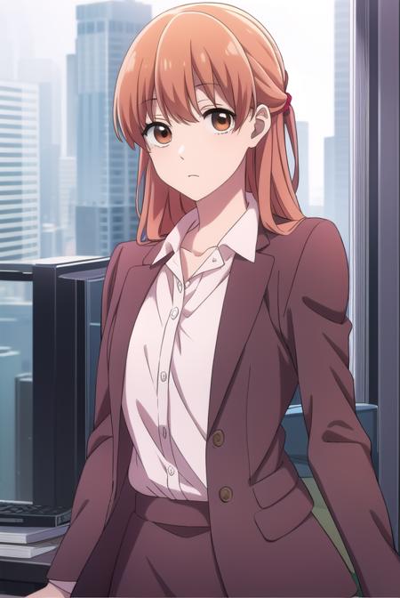 narumi momose, long hair, (brown eyes:1.2), skirt, shirt, jacket, formal, suit, pencil skirt, office lady, skirt suit,