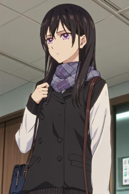 best quality, masterpiece, highres, solo, {aihara_mei_citrus:1.15}, black_hair, long_hair, purple_eyes, hair_between_eyes