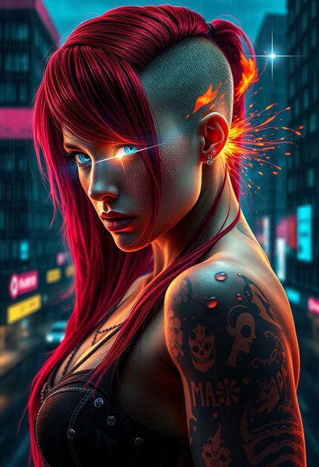 young woman, long red hair, undercut, glowing blue eyes, X-ray, muscular figure, tattooed arms, wearing costume, ligthing blast eye, realistic fire, rain drop,Hyperrealistic, splash art, concept art, intricately detailed, color depth, dramatic, 2/3 face angle, side light, colorful background city, at night Epic cinematic brilliant stunning intricate meticulously detailed dramatic atmospheric maximalist digital matte painting