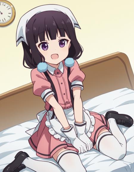 maika sakuranomiya, long hair, black hair, hair ornament, twintails, purple eyes, low twintails, skirt, shirt, long sleeves, school uniform, pleated skirt, serafuku, sailor collar, black socks, pink skirt, pink shirt, skirt, shirt, thighhighs, gloves, short sleeves, pleated skirt, frills, shoes, puffy sleeves, white gloves, black footwear, uniform, apron, white thighhighs, puffy short sleeves, zettai ryouiki, waist apron, white apron, pink skirt, pink shirt, frilled apron, waitress, head scarf,