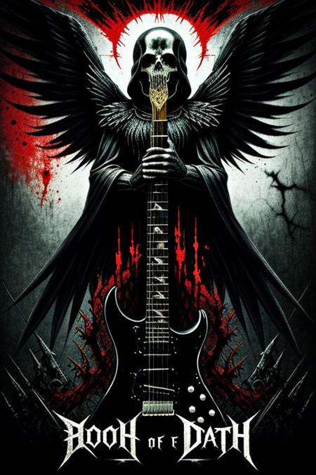 angel of death metal, award winning death metal album cover, electric guitar, blood, text title "angel of death"