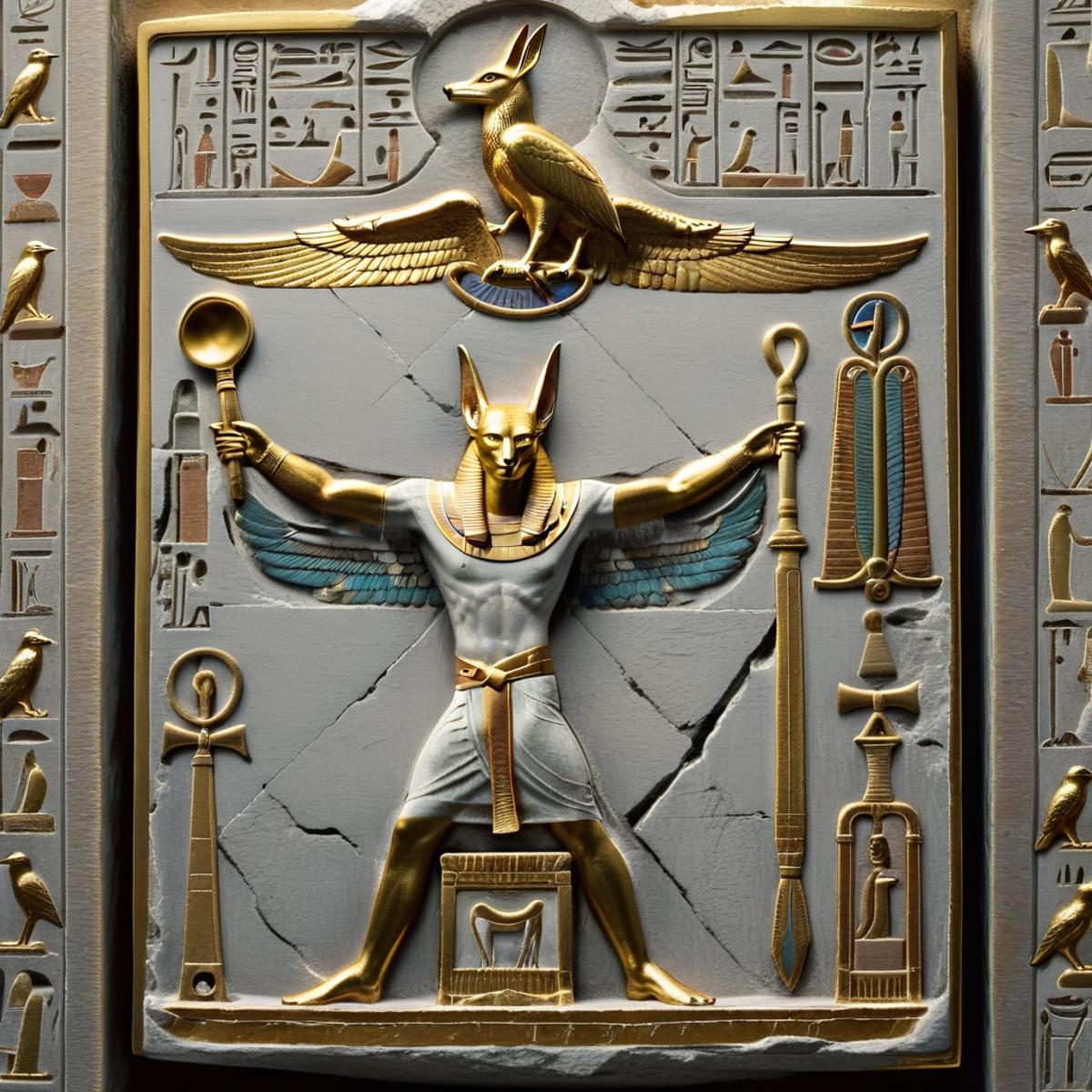 Ancient Egyptian Artwork: A Gold Statue of a Man with a Bird and a Scepter