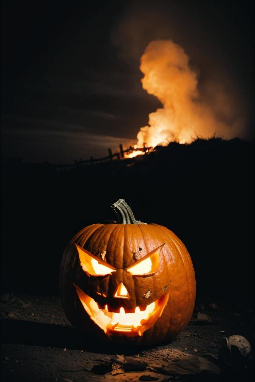 A pumpkin with a scary face on it, sitting in front of a fire.