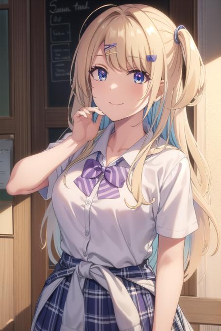 lunashirakawa, <lora:luna shirakawa s1-lora-nochekaiser:0.8>,
luna shirakawa, long hair, blue eyes, blonde hair, hair ornament, bow, multicolored hair, hairclip, smile,
BREAK skirt, shirt, thighhighs, bow, school uniform, white shirt, pleated skirt, shoes, black thighhighs, bowtie, blue skirt, plaid, plaid skirt, loafers, purple bow, clothes around waist, gyaru, purple bowtie,
BREAK looking at viewer,
BREAK indoors, classroom, (cowboy shot:1.5),
BREAK <lyco:GoodHands-beta2:1>, (masterpiece:1.2), best quality, high resolution, unity 8k wallpaper, (illustration:0.8), (beautiful detailed eyes:1.6), extremely detailed face, perfect lighting, extremely detailed CG, (perfect hands, perfect anatomy),