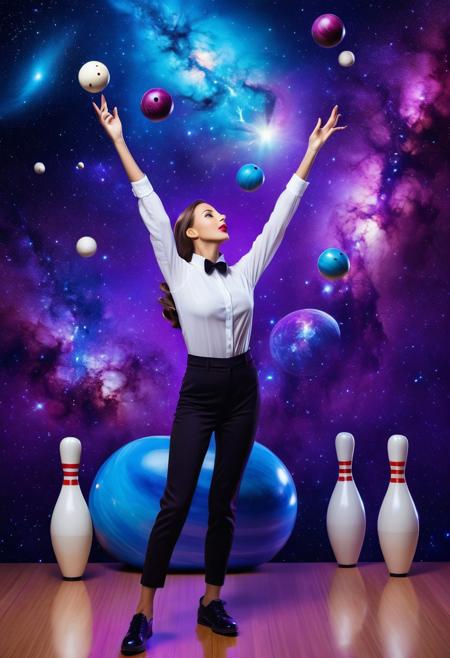 Surreal surrealist surrealism happy beautiful female juggling bowling pins and a purple and blue cosmic galactic nebula background, cinematic wonder.