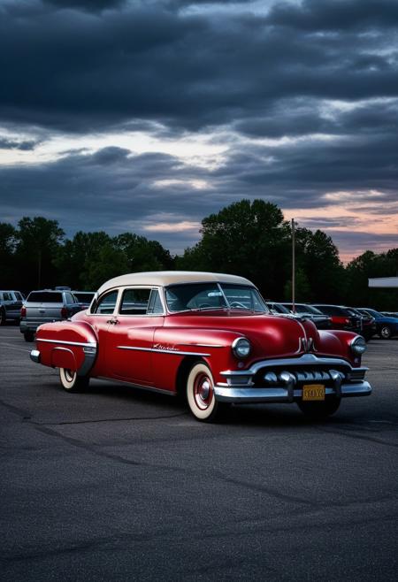 photo of a red Pontiac 1953 car parked in an empty parking lot, evening, cloudy, extremely detailed