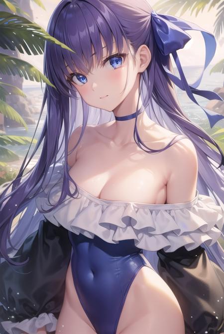 meltryllis, <lora:meltryllis-lora-nochekaiser:1>,
meltryllis, blue eyes, blue ribbon, hair ribbon, long hair, purple hair, ribbon,
BREAK bare shoulders, choker, collarbone, frilled one-piece swimsuit, frills, highleg, highleg swimsuit, long sleeves, off shoulder, off-shoulder one-piece swimsuit, one-piece swimsuit, puffy sleeves, sleeves past fingers, sleeves past wrists, swimsuit, white ribbon,
BREAK looking at viewer,
BREAK outdoors, beach,
BREAK <lyco:GoodHands-beta2:1>, (masterpiece:1.2), best quality, high resolution, unity 8k wallpaper, (illustration:0.8), (beautiful detailed eyes:1.6), extremely detailed face, perfect lighting, extremely detailed CG, (perfect hands, perfect anatomy),