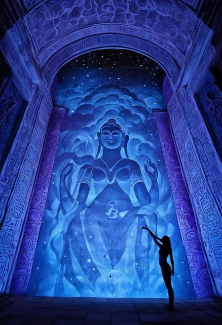 A galaxy with stars in light blue and white, and nebulas in purple and black shadings, inside the silhouette of a woman painted in an old temple wall with carvings. detailed intricate design, high quality, 64 megapixels, volumetric lights reflective ray training, stunning, epic