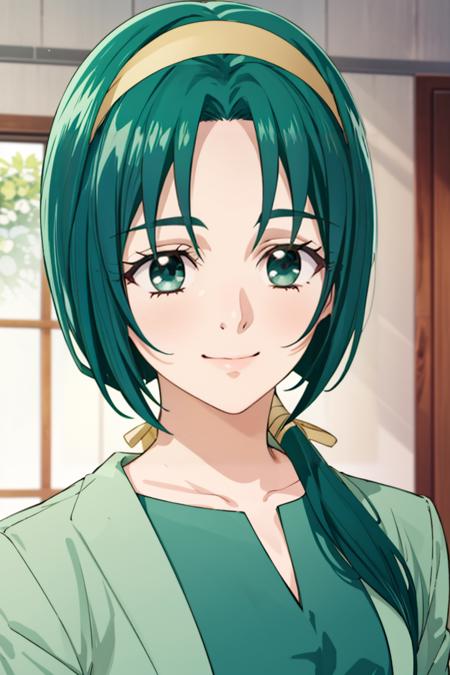 <lora:komachi_otona:0.6> komachi_otona, green jacket, green shirt, low ponytail, hair over shoulder, portrait, smile, solo, in the room, mature female, looking at viewer, day