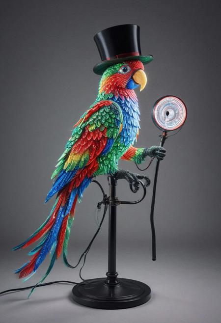 embedding:lazmpos, LED, colorful LED lights, RGB lights, red green and blue parrot, art deco, top hat, cane, monocle,RetroBG