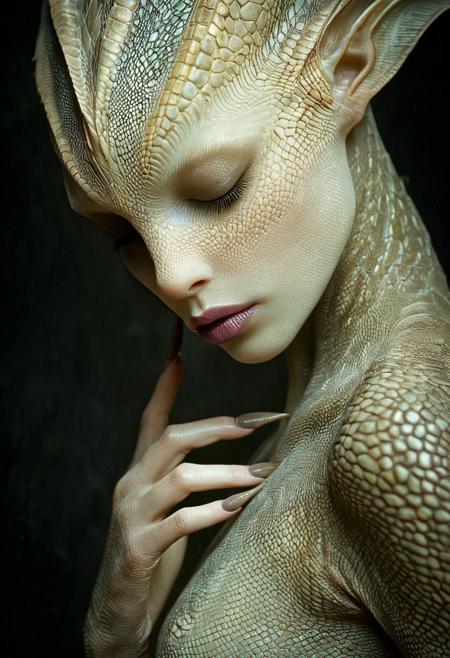 This is a hyper-realistic CGI image of an androgynous, ethereal being with an uncanny resemblance to a mythical creature, likely an alien or fantastical being. The subject has a pale, almost translucent skin covered in intricate, scale-like patterns that resemble the texture of a reptile, in shades of gold, brown, and muted earth tones. Their face is adorned with a delicate, almost imperceptible pattern that enhances their otherworldly appearance.
The being's eyes are closed, giving an impression of serenity or perhaps slumber. They have striking, elongated, pointed ears that are a darker, almost black hue, adding to the fantastical, alien-like quality. The lips are full and painted with a deep, natural pink lipstick, complementing the muted color palette of the skin.
Their fingers are long and slender, with sharp, talon-like nails, hinting at a predatory nature. One hand is gently touching their cheek, adding a touch of vulnerability to the otherwise imposing figure. The background is a dark, almost black gradient, which deepens the focus on the subject and enhances the ethereal, almost spectral quality of the image.
The lighting is soft and subtle, with a cool tone, highlighting the intricate details of the skin texture and the delicate features of the being.