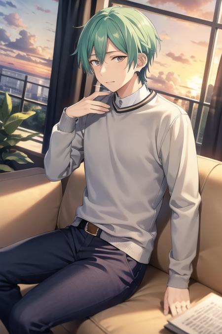 <lora:Tatsumi-04:0.7>, tatsumi kazehaya, solo, looking at viewer, short hair, shirt, long sleeves, 1boy, hair between eyes, jewelry, sitting, closed mouth, white shirt, male focus, earrings, green hair, sky, collared shirt, pants, cloud, indoors, sweater, window, black pants, plant, curtains, hand on own chest, couch, grey shirt, sunset, blue pants, grey sweater