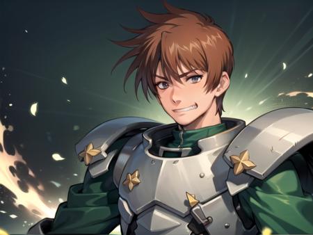 (hyper extreme detailed),(masterpeace),(hyper extreme),(photorealistic),CG,(colour:1.2), beautiful lighting,light from the front,1boy,solo, <lora:rance:0.7>,rance,blown hair,short hair,green armar,