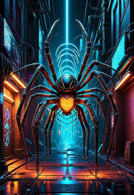 cyberpunk spider, futuristic mechanical legs, glowing neon circuits, quantum energy core, high-tech cybernetic armor, bioluminescent eyes, detailed exoskeleton, set in a dark neon-lit alley, cinematic lighting, ultra-detailed, science fiction concept art, qu4ntum