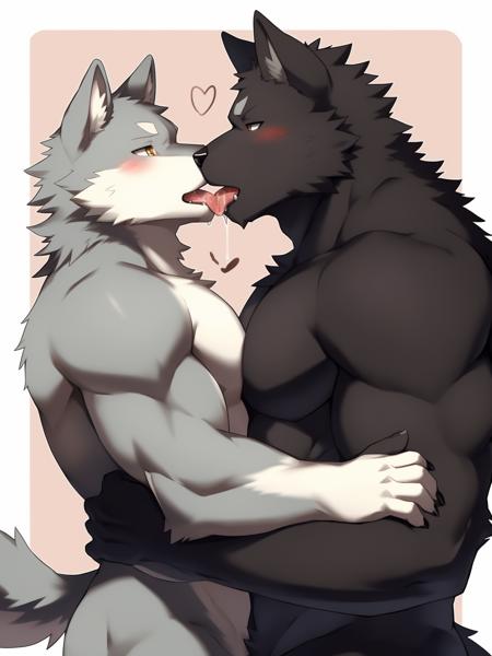 wolf, kemono, bara, licking, duo, kissing, saliva, arm hug, portrait, <3