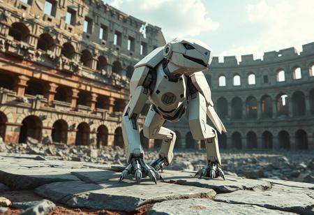 epic details A white geometric Scrap Raptor mech, constructed from intricate squares & rectangles, sleek bird-like profile, poised dynamic action stance, head subtly tilted, standing on weathered gray stone within a vast ruined Savage Colosseum arena. Dramatic creative angle, Golden Ratio composition, central focus. Isometric perspective, captivating cinematic lighting, sharp dramatic shadows. Hyperdetailed, 4K quality, lifelike textures, sharp lines, stunning vibrant multi-colors. Contemporary aesthetic, beautiful matte painting finish, splash ink illustration elements. Octane Render, Unreal Engine 5 rendering, CGSociety, trending on ArtstationHQ.
