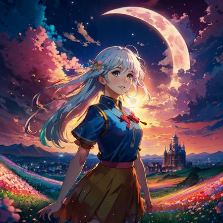 masterpiece,bestquality, 1girl,colorful,cinematic lighting,bust shot,white hair,solo,smile,intricate skirt,flying petal,Flowery meadow,sky,cloudy_sky,building,moon light,moon,night,dark theme,light,fantasy,