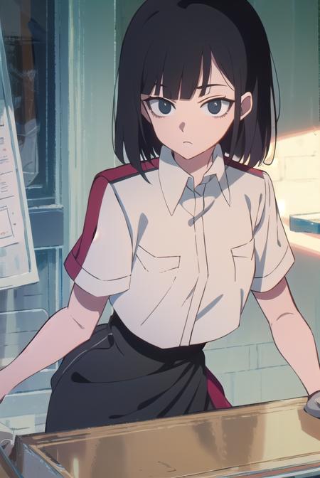 lingqiao, <lora:lingqiaotest:1>, 
ling qiao, bangs, black hair, medium hair, (black eyes:1.5),
BREAK skirt, shirt, white shirt, short sleeves, collared shirt, black footwear, red skirt, sandals, pocket, long skirt, shirt tucked in, breast pocket,
BREAK looking at viewer,
BREAK outdoors, city,
BREAK <lora:GoodHands-vanilla:1>, (masterpiece:1.2), best quality, high resolution, unity 8k wallpaper, (illustration:0.8), (beautiful detailed eyes:1.6), extremely detailed face, perfect lighting, extremely detailed CG, (perfect hands, perfect anatomy),